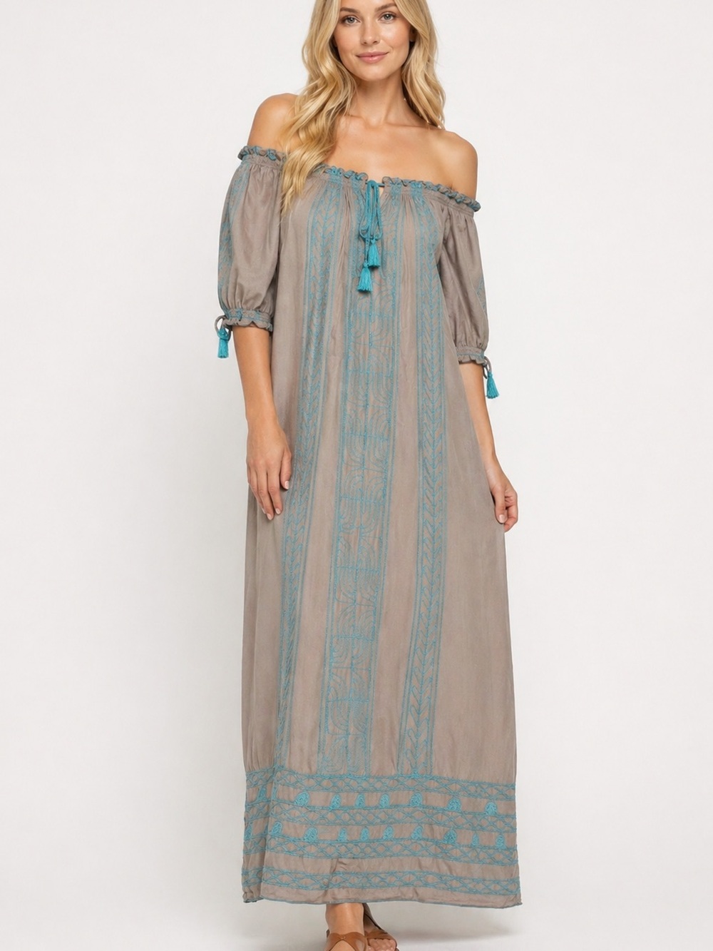 Poupette St Barth Off Shoulder Maxi Dress Taupe Teal Embroidered Boho Resort